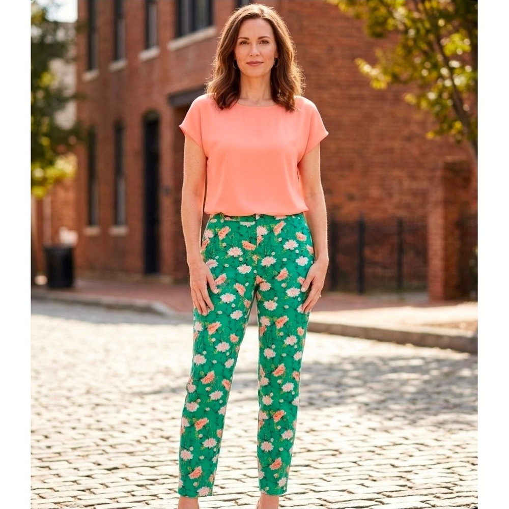 Old Navy Pixie Mid Rise Green Floral Ankle Pants Womens 16 Regular Slim Stretch